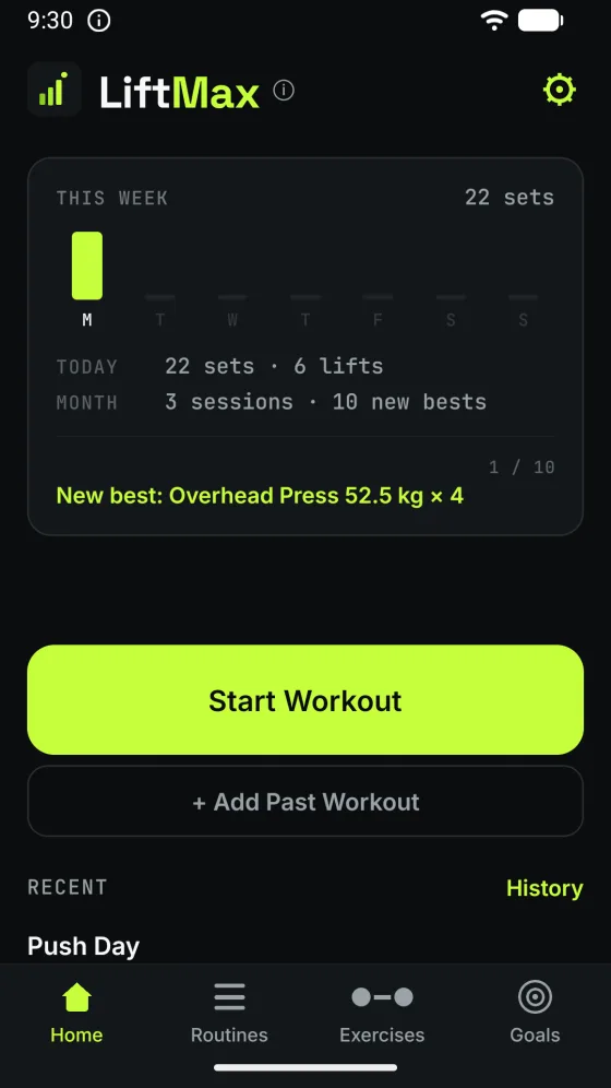 The home screen: this week's sets by day, today's 22 sets across 6 lifts, 3 sessions and 10 new bests this month, a Start Workout button and a button to add a past workout.