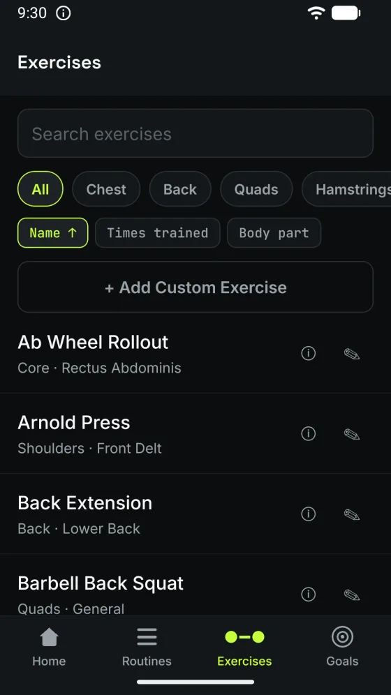 The exercise library: a search box, filter chips for each body part, sort by name, times trained or body part, a button to add a custom exercise, and a list of exercises each showing its muscle group, with a how-to guide and an edit control beside it.